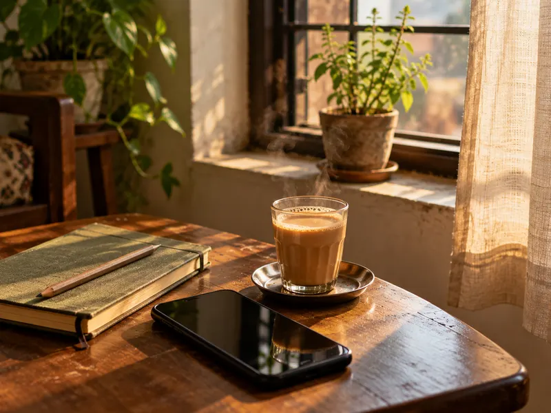 A phone with its screen off, a notebook and a glass of chai on a table by a window