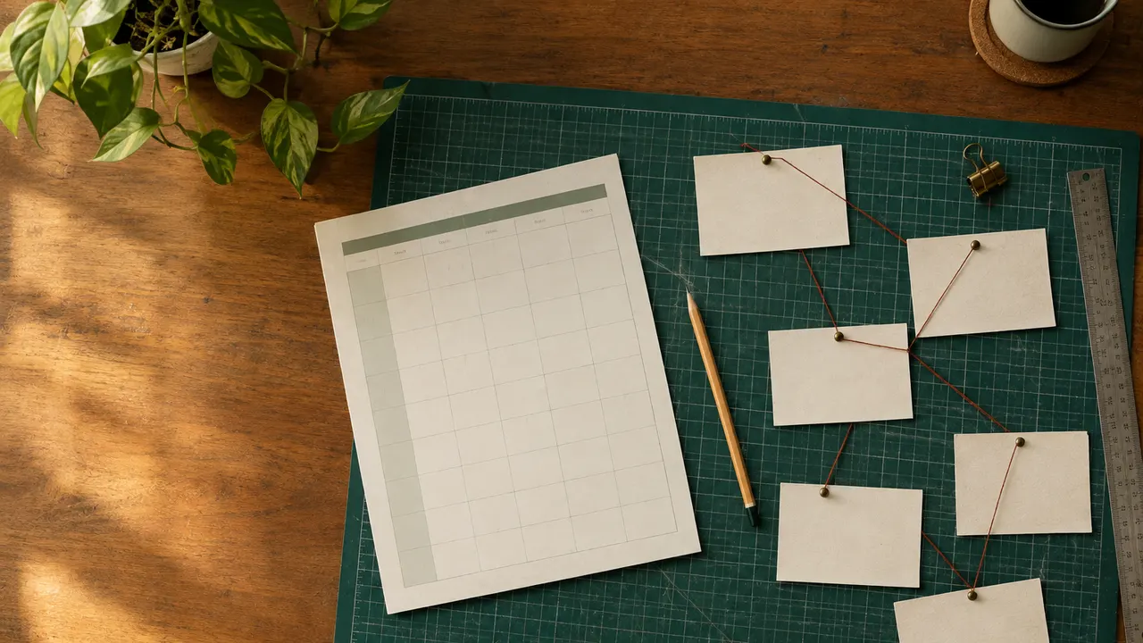 A planning table seen from above with a blank weekly schedule, index cards and pencils