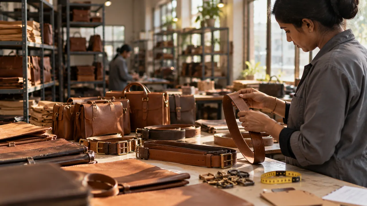 An artisan's hands working leather at a workbench in a Kanpur leather workshop