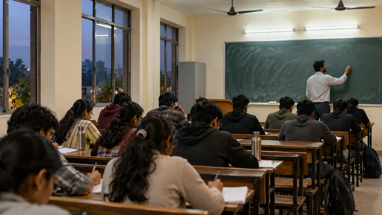 Students aged 17 to 20 studying in a coaching institute in Kanpur, seen from behind