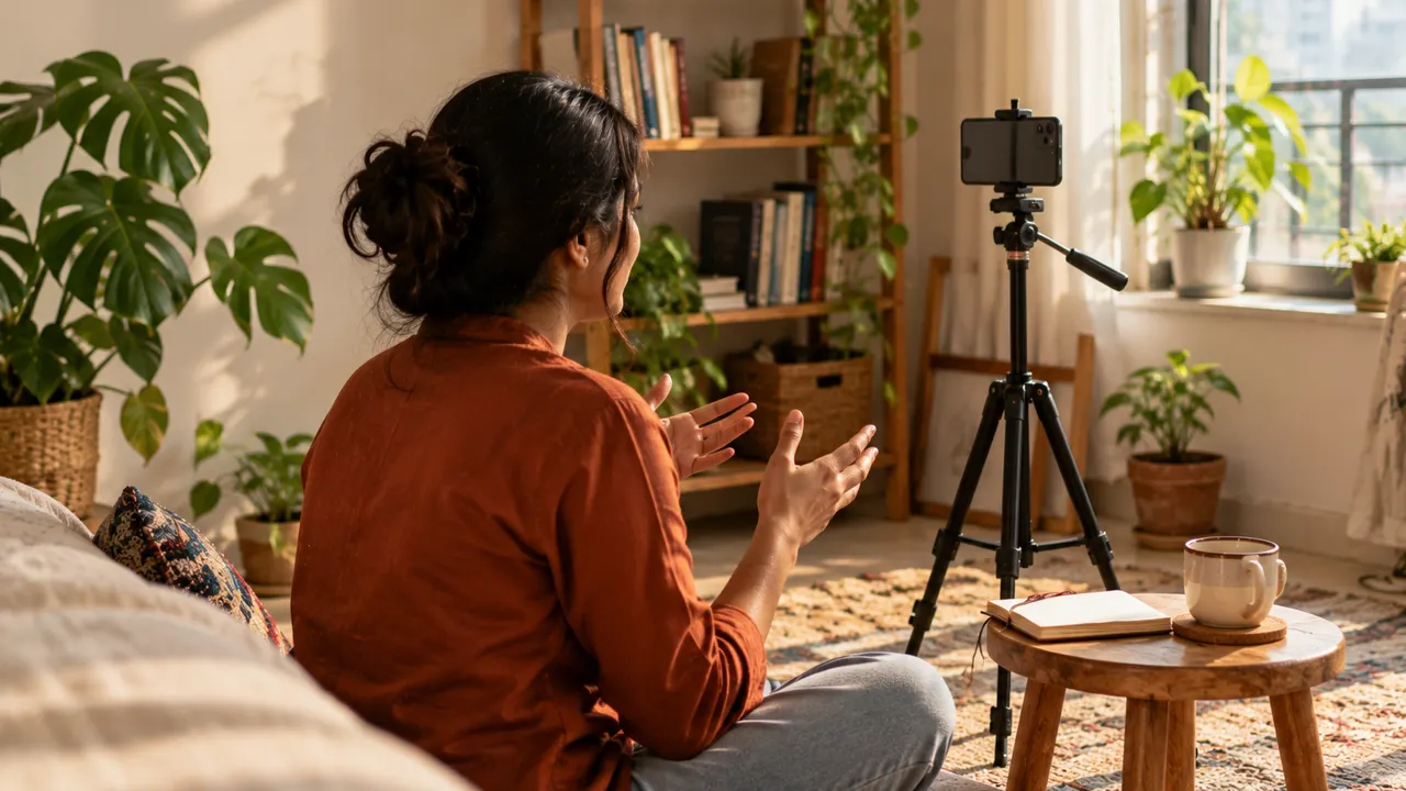 A young creator filming with a phone on a tripod, seen from behind, the phone screen facing away