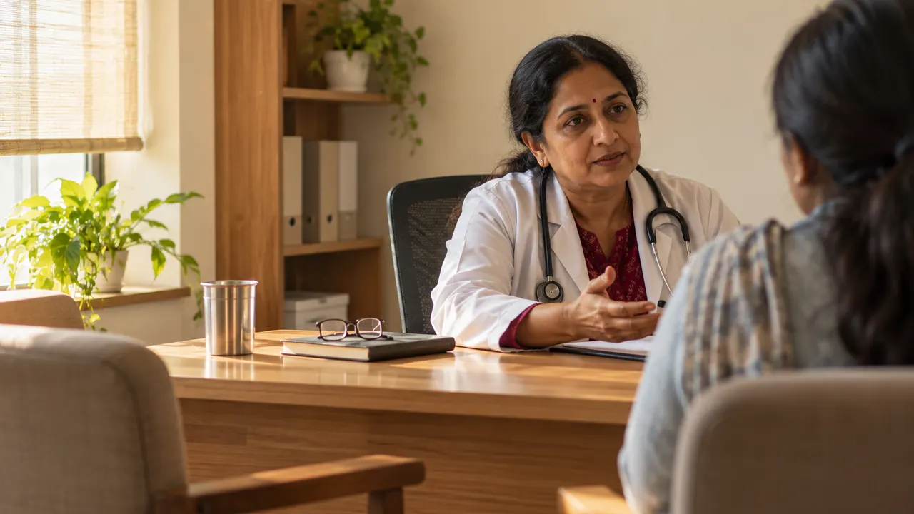 A doctor with a stethoscope calmly talking with a family member in a warm clinic, the family member seen from behind