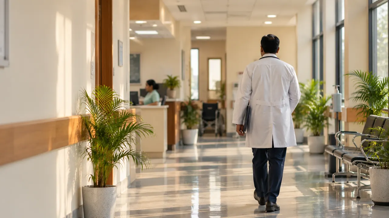 A calm, bright corridor and reception of a modern hospital in Kanpur, staff seen from behind or softly out of focus
