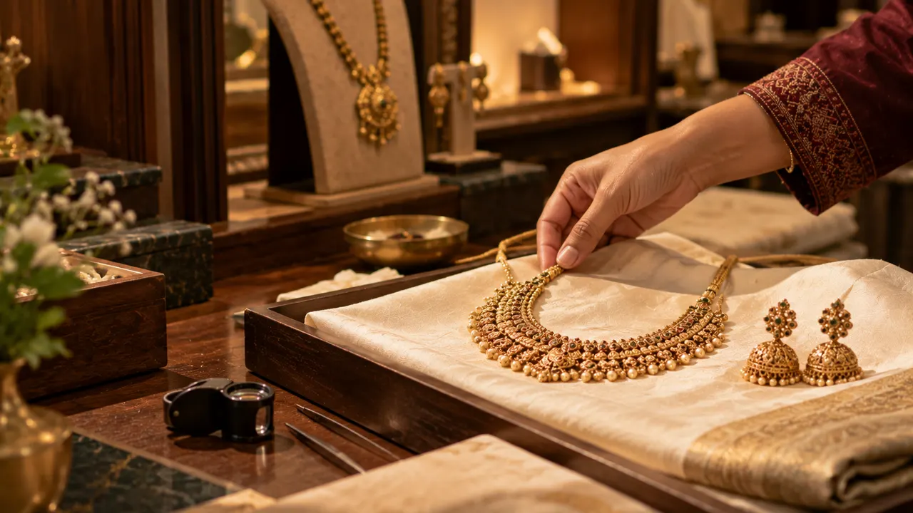 A hand adjusting handcrafted gold jewellery or a zari-bordered textile in a warm showroom