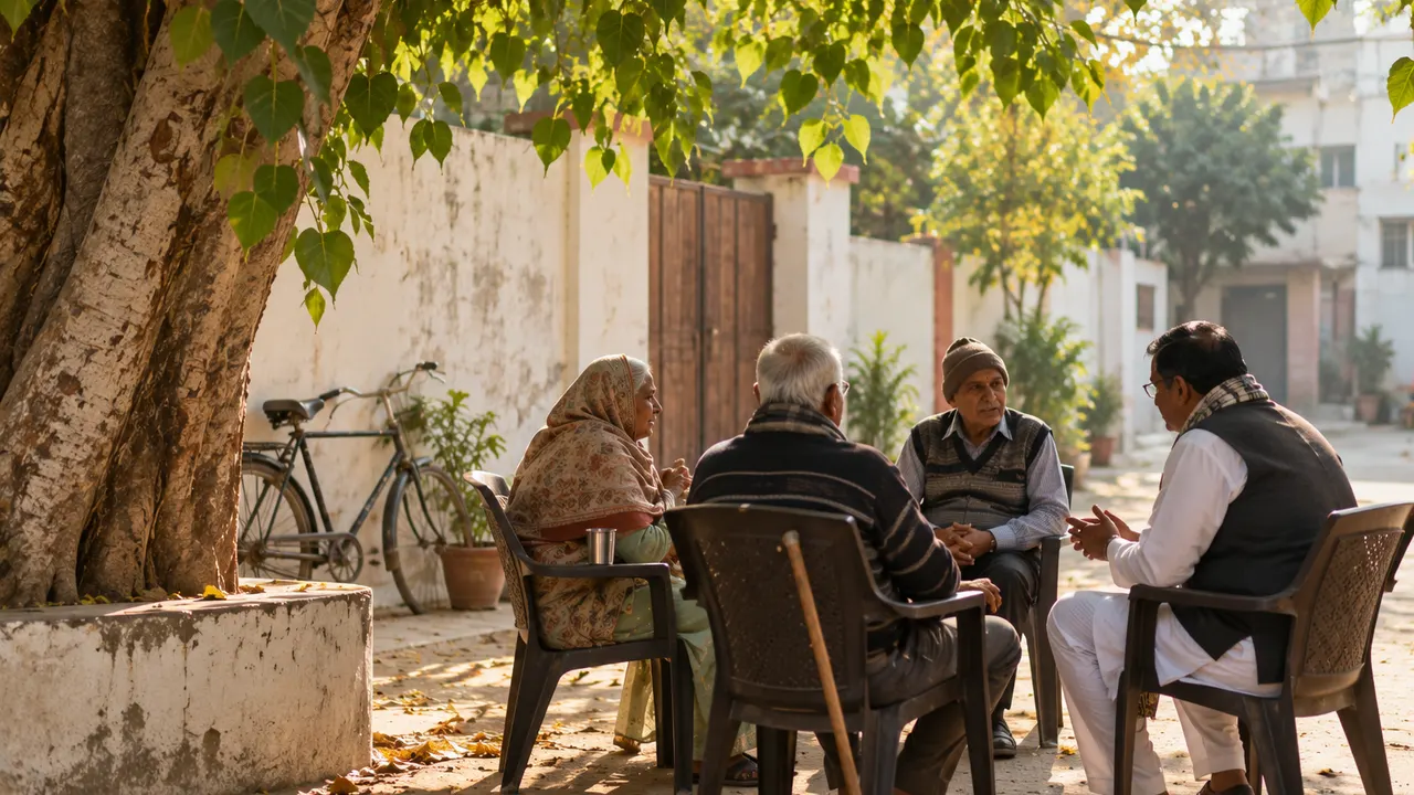 A local representative in a plain white kurta listening to elderly residents in a quiet Kanpur neighbourhood