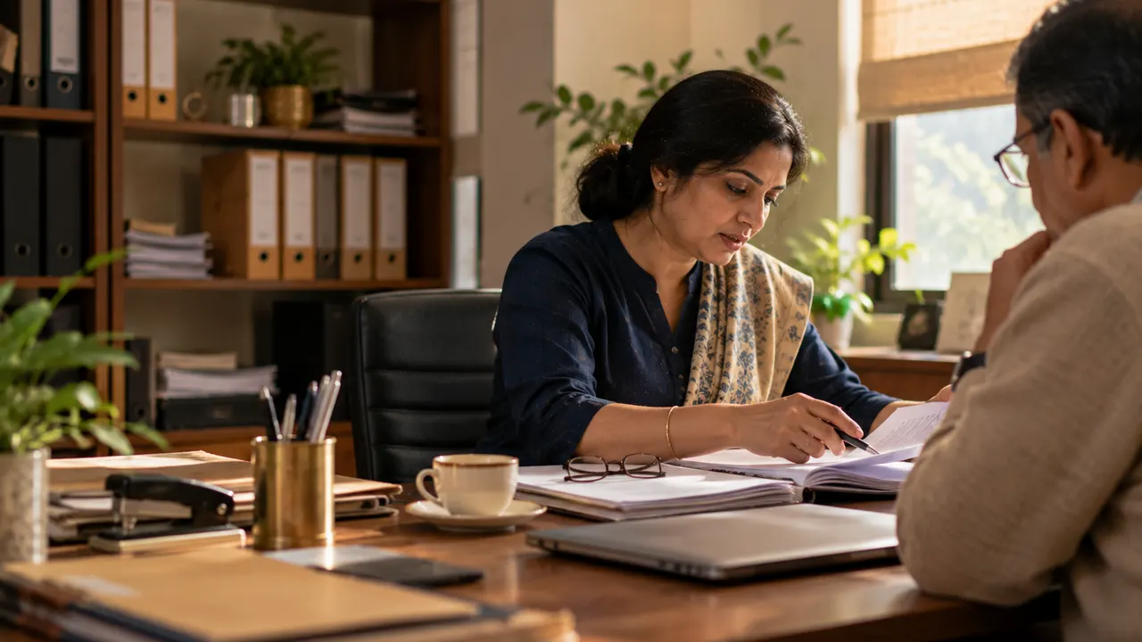 A consultant reviewing papers with a client in a tidy office in Kanpur, seen from the side