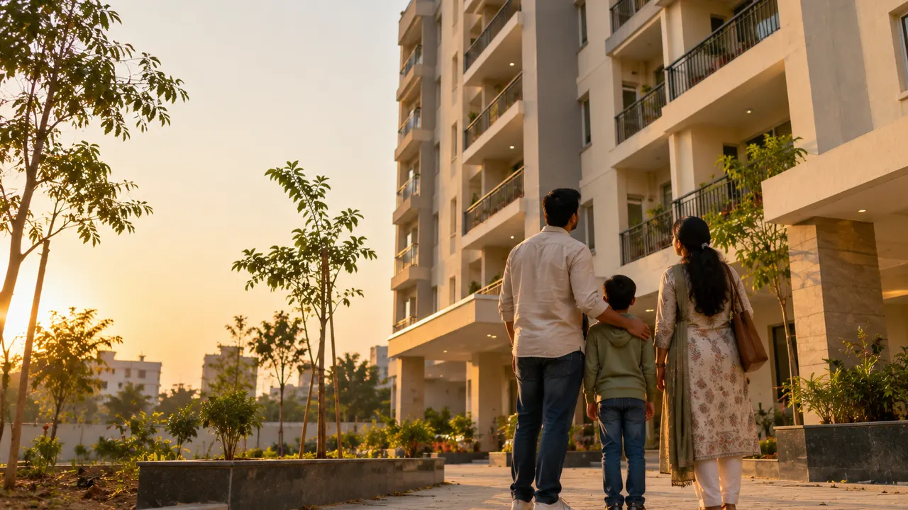 A newly completed residential building in Kanpur with a family seen from behind, looking at their new home