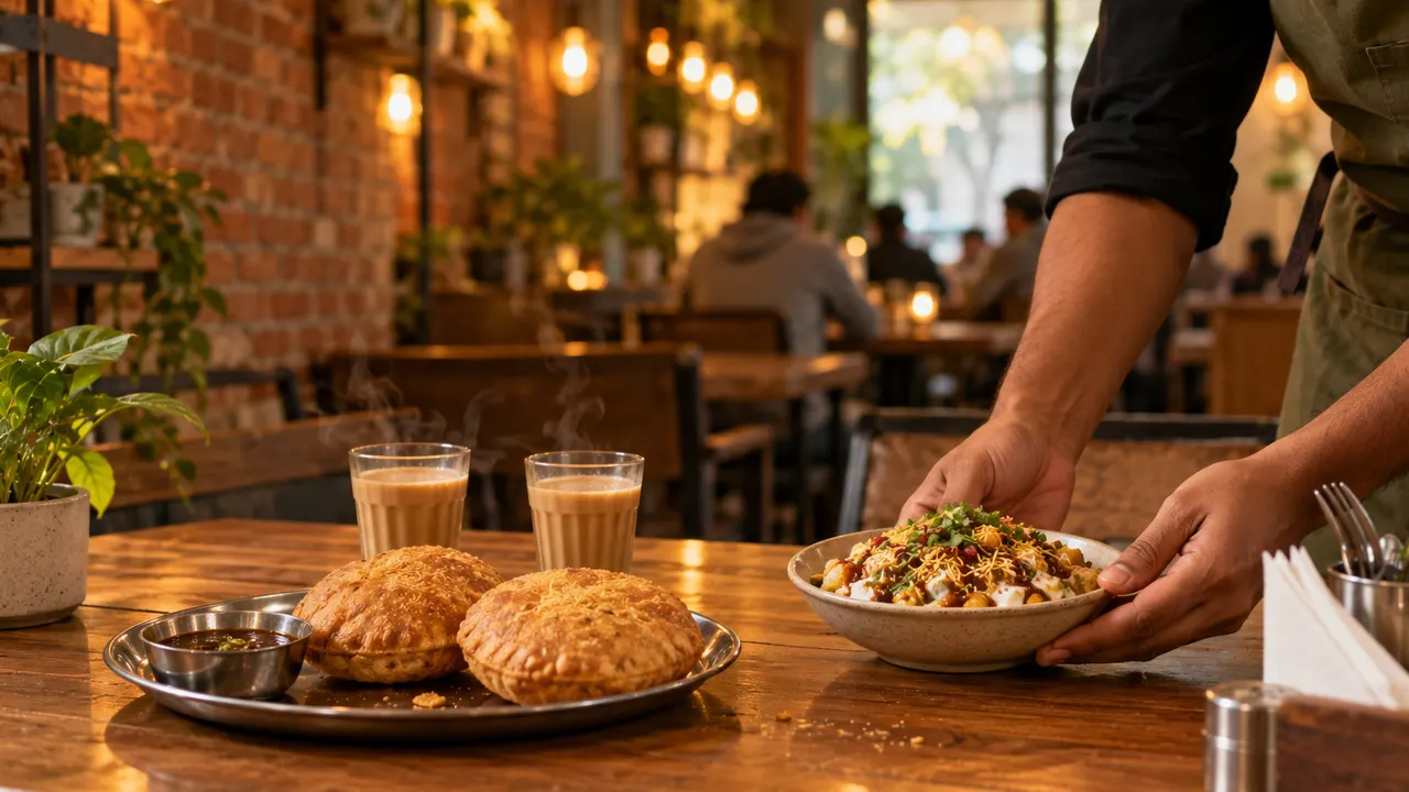 Masala chai and Indian street snacks being served at a warm café table in Kanpur
