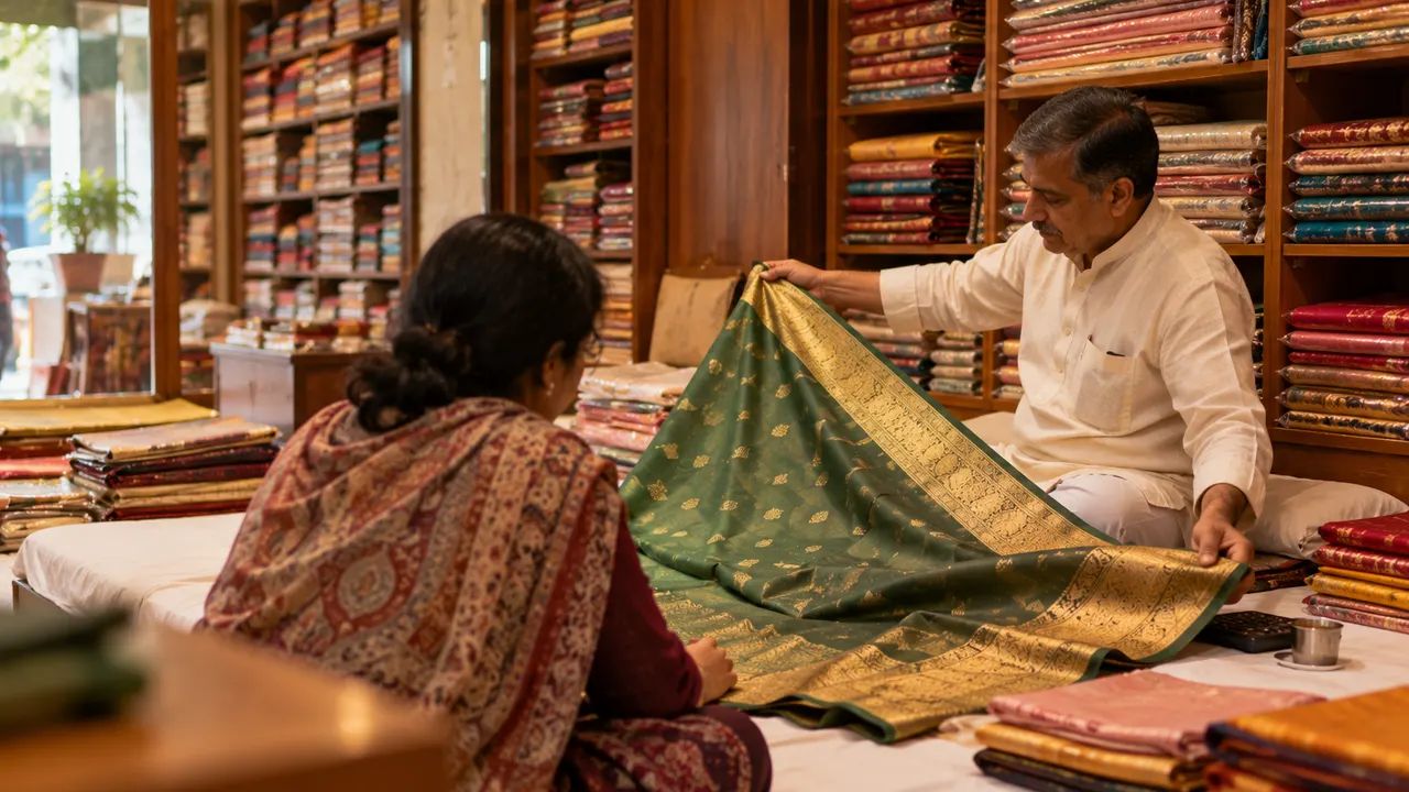 A shopkeeper showing fabric in a traditional textile shop in a Kanpur market
