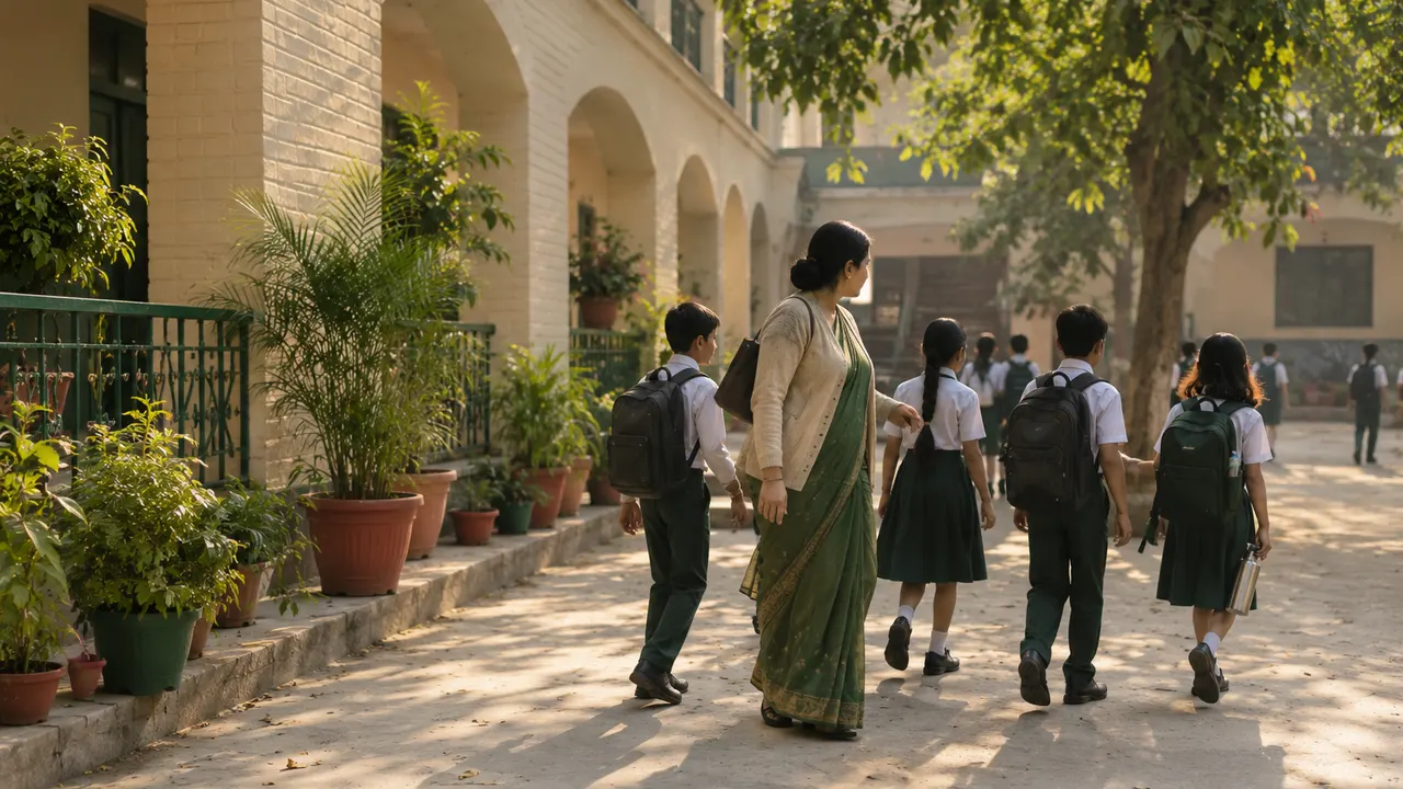 A teacher with students in uniform at a school in Kanpur on a winter morning, the children seen from behind