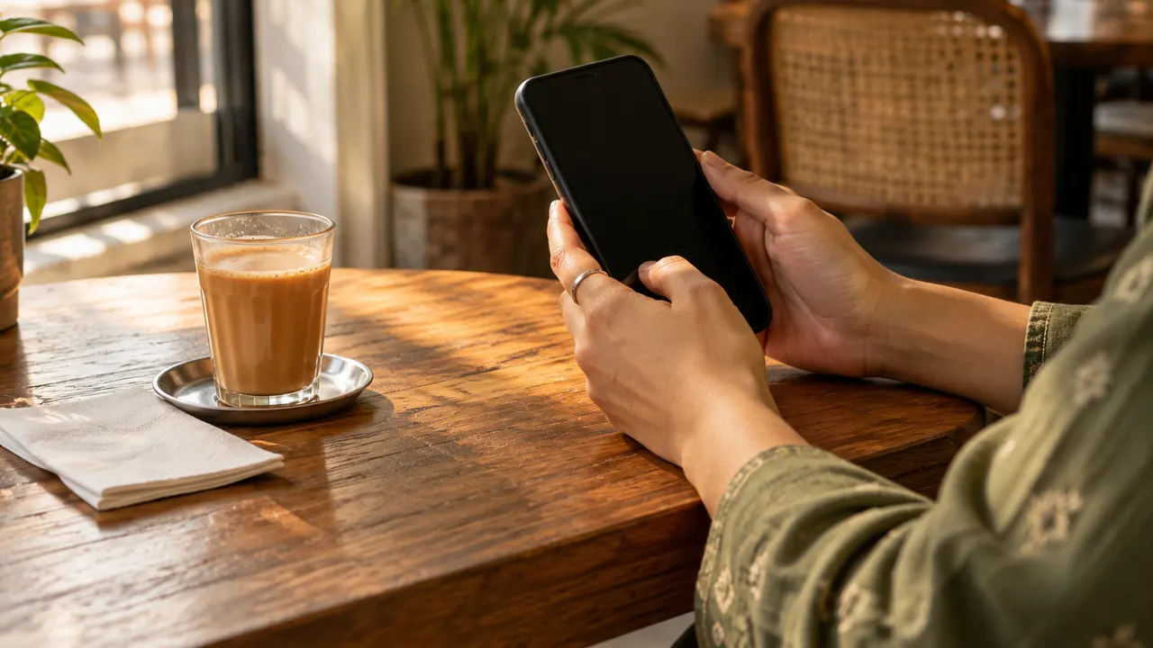 Two hands holding a phone with its screen off, with a glass of chai nearby