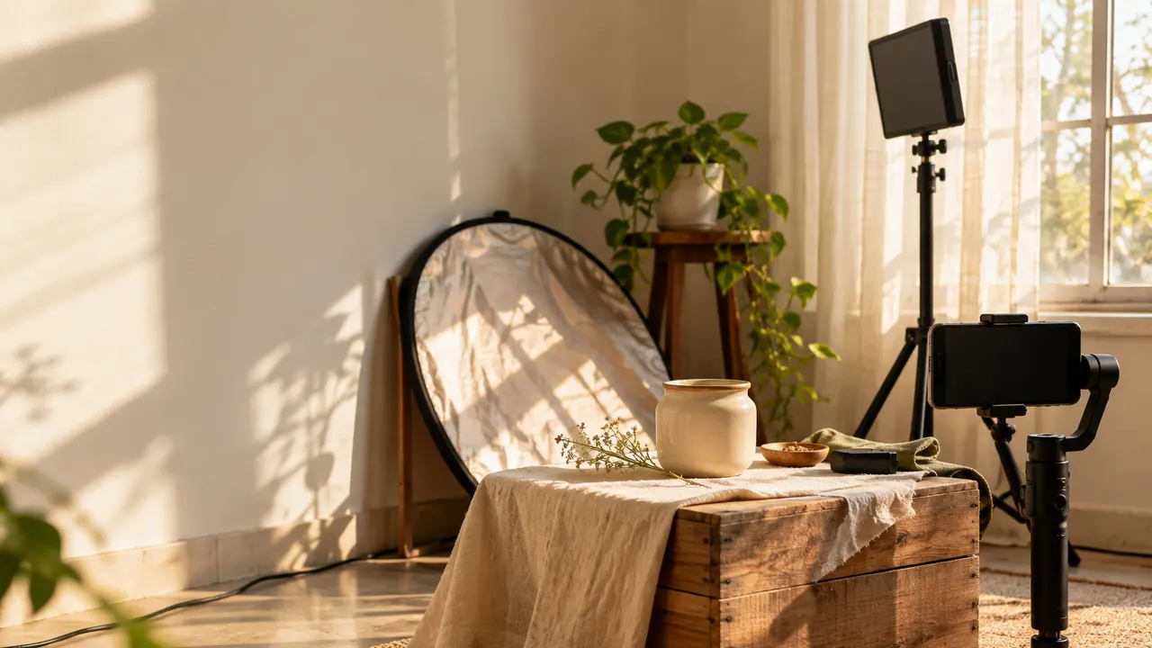 A phone on a tripod and a reflector set up to film a simple product in window light